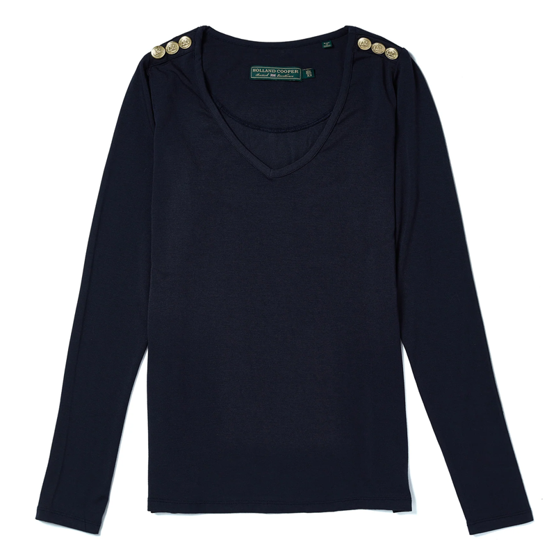 Holland Cooper Long Sleeve Vee Neck Tee - Ink Navy-4